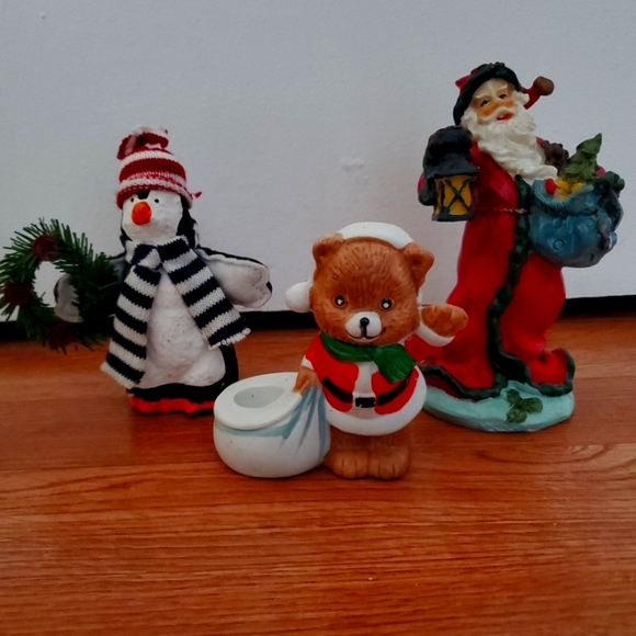 3 Christmas Decor Figurines Santa Penguin Bear Ceramic Candle Holder Vintage - Picture 1 of 5